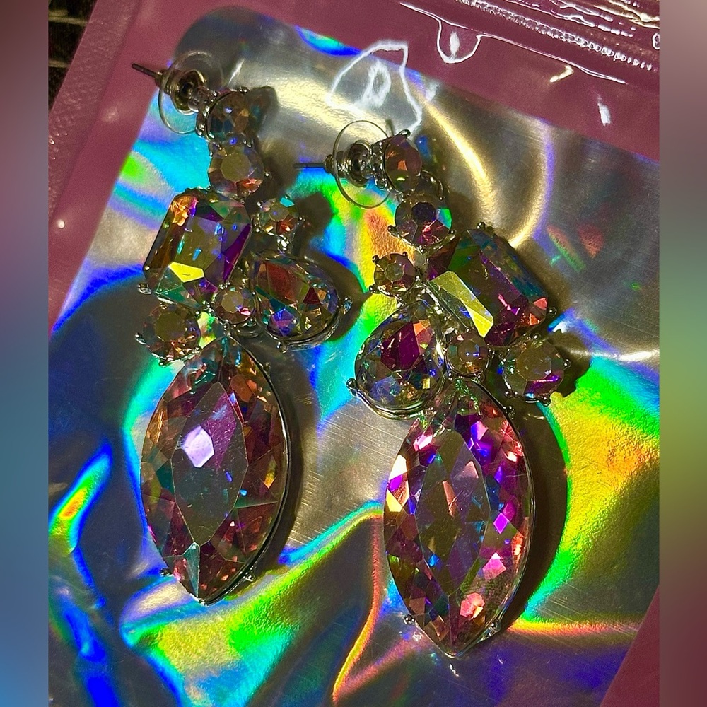 Silver, aurora borealis iridescent earring